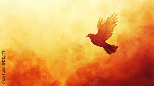 Bird Flies Through Swirling Orange and Yellow Clouds During Sunset Over the H...