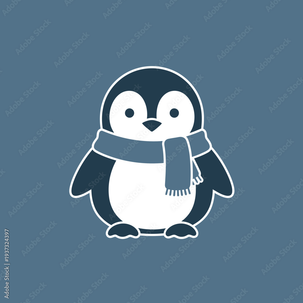 Obraz premium Cute cartoon penguin wearing a scarf on a solid background.
