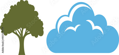A tree and a cloud on a white background with blue and green colors
