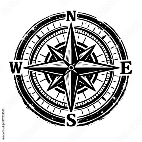 vintage black and white compass rose illustration navigation direction symbol