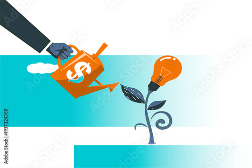 Business Investment Concept: Watering Money Into Idea Growth With Lightbulb Plant Illustration For Innovation