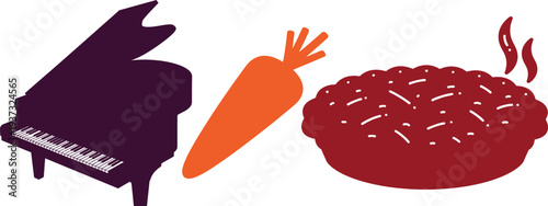 A graphic illustration of a grand piano a carrot and a pie on a white background