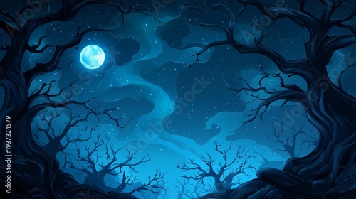 Moonlight Shines Through Twisted Trees in a Dark Forest Scene at Night