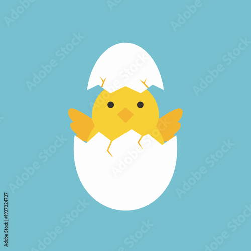 Cute yellow chick hatching from an eggshell with a blue background.