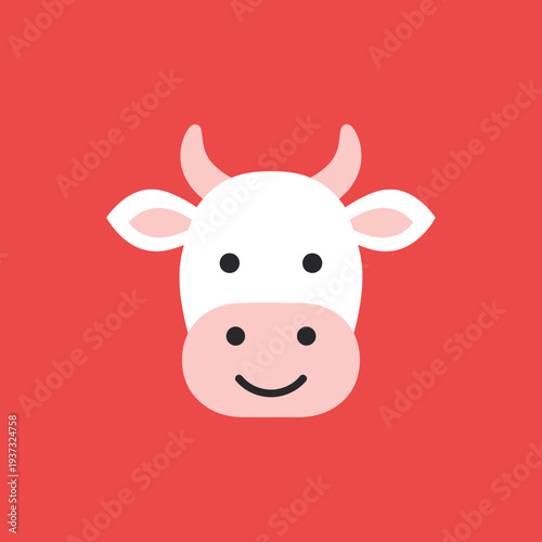 Simplified cartoon cow face with pink horns and a smiling expression.