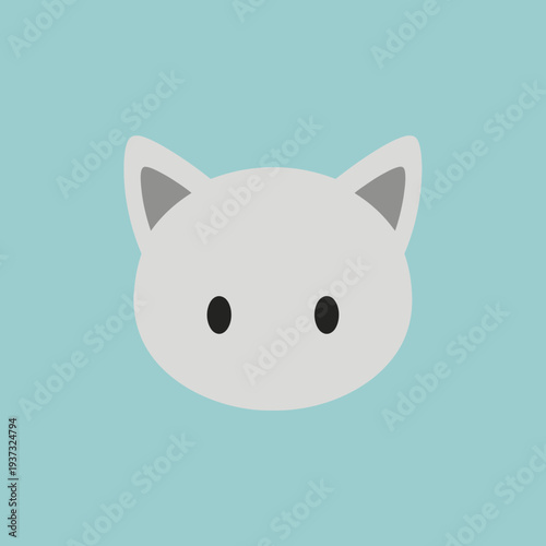Cartoon-style white cat face with pointy ears and black eyes on a blue background.