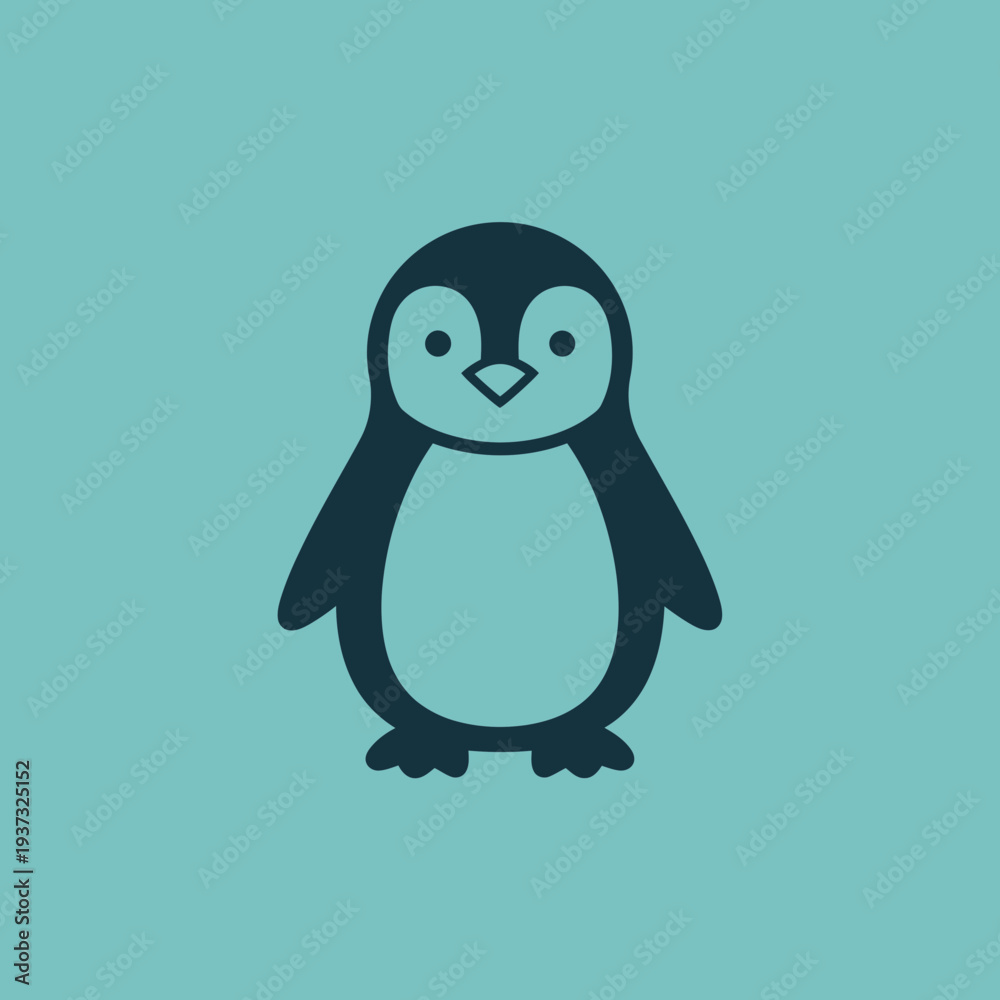 Fototapeta premium Cartoon penguin standing upright with flippers extended on a solid background.