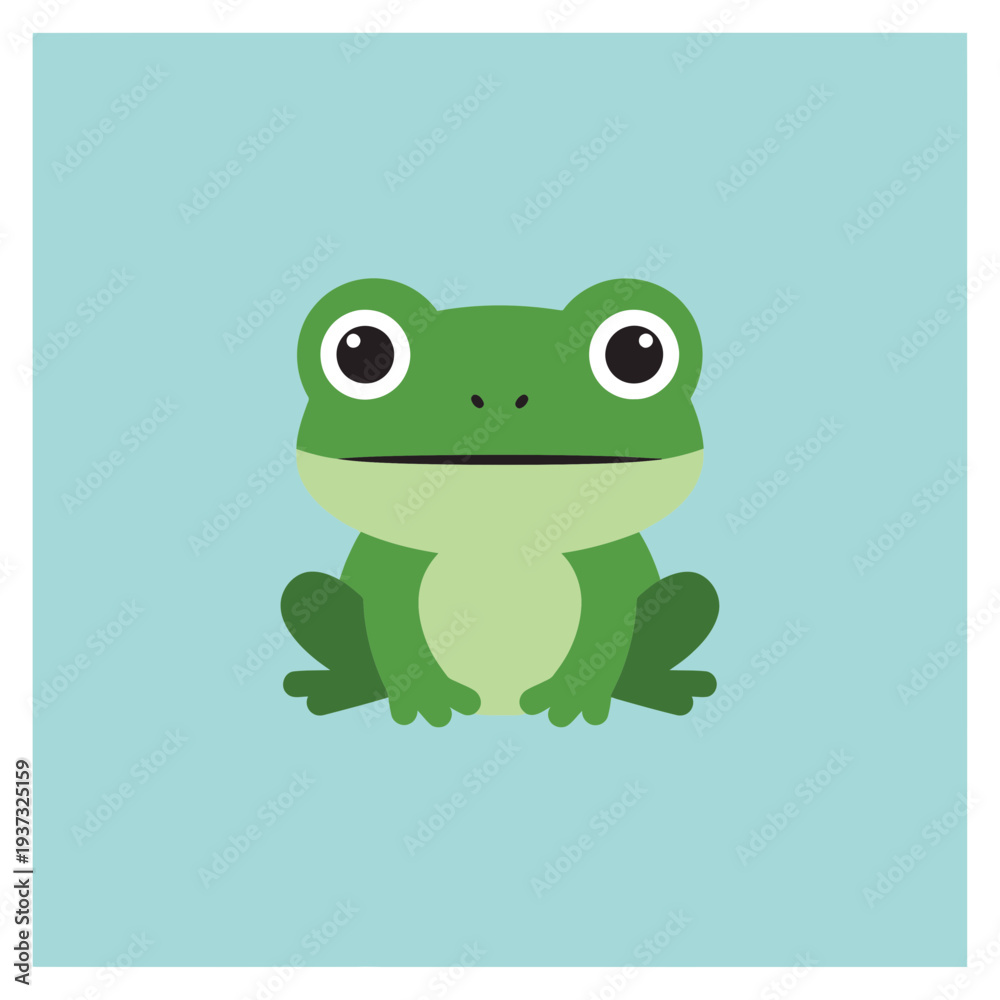 Obraz premium Cartoon-style green frog with large eyes sitting on a light blue background.
