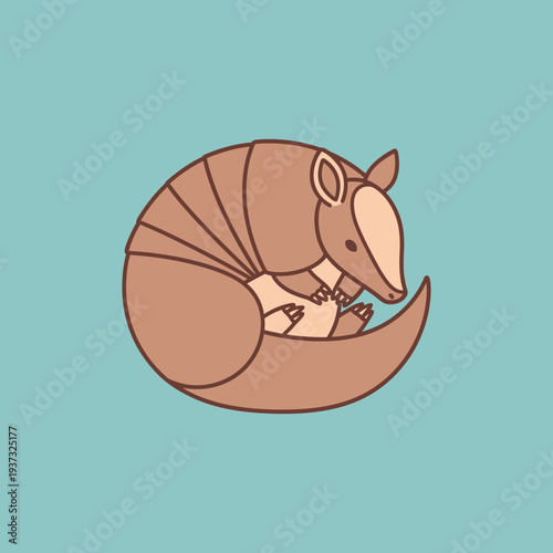 Cartoon armadillo curled up on a light blue background