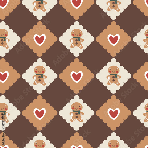Christmas gingerbread cookies seamless pattern with square biscuit and rhombus shape. Cute man character with red heart. Vintage naive style for holiday textiles, packaging, stationery, digital paper.