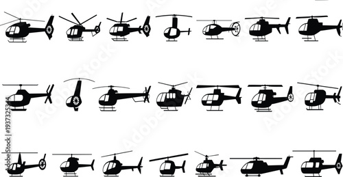 Helicopter silhouettes collection, military and civilian chopper icons, side view aircraft vector illustration isolated black set
