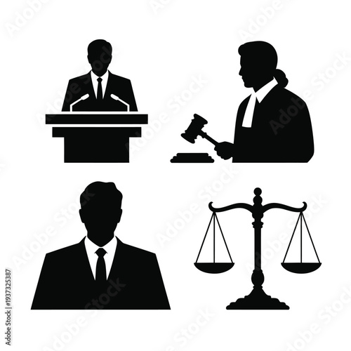 Silhouettes depict lawyers, judge, and scales representing legal.