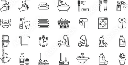 Household hygiene and cleaning line icons set, bathroom laundry sanitation outline vector collection for home care and health