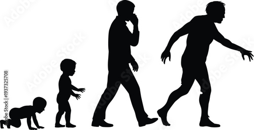 Human evolution to zombie silhouette, stages of man turning into undead isolated on white background vector illustration