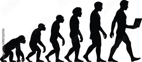 Human evolution silhouette, primate to modern man, laptop figure, technological progress, upright posture, development stages, anatomy transition, concept illustration