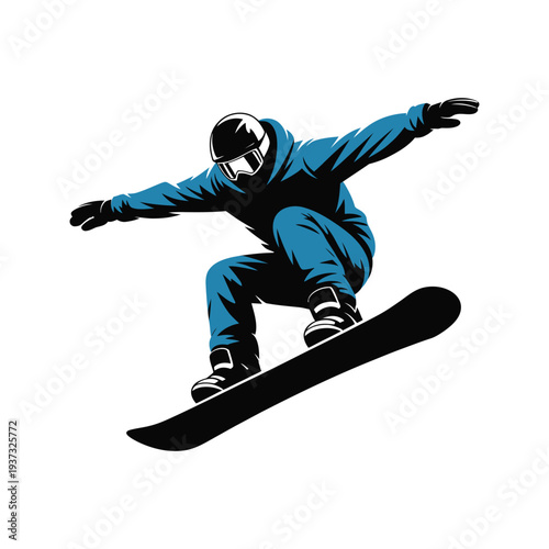 Snowboarder performs an aerial jump maneuver against a white.