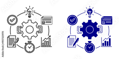 Strategic Business Workflow and Productivity Management Vector Icons featuring Central Gear with Integrated Idea Generation, Task Completion, Financial Growth, and Time Optimization Symbols