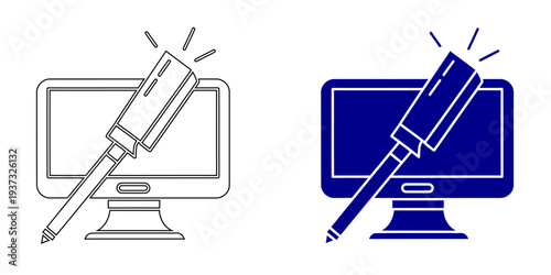 Computer Monitor with Stylus Pen Tool for Graphic Design, Digital Illustration, UI UX Web Development, Electronic Signature, and Online Education Vector Icons on White Background
