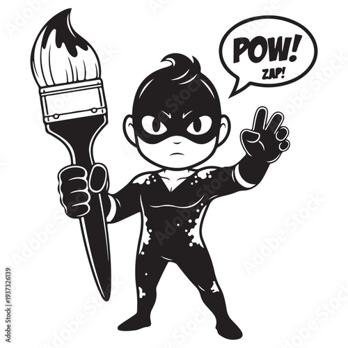Cartoon Masked Figure with Paintbrush, Peace Sign, and Action Speech Bubble