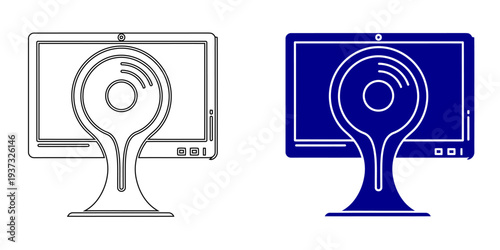 Computer Monitor with Webcam and Video Lens Vector Icons for Live Streaming, Virtual Meetings, Online Surveillance, Digital Communication, and Content Recording Concepts on White