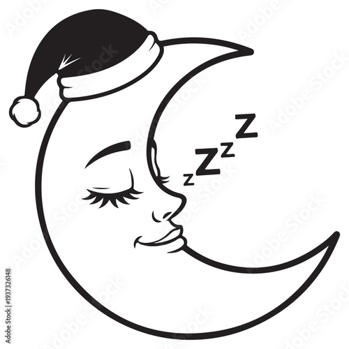 Peaceful Sleeping Crescent Moon with Nightcap and Zzz Symbols Illustration