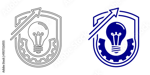 Innovation Protection and Strategic Growth Vector Icons featuring Shield with Light Bulb, Gear, and Rising Arrow for Intellectual Property, Business Security, and Industrial Development Symbols