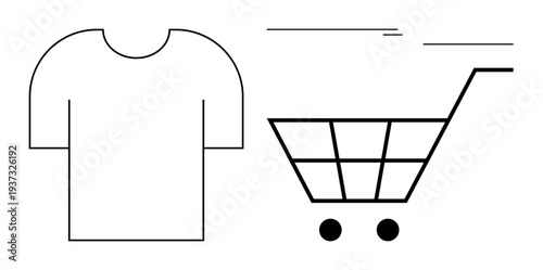 Minimalist t-shirt outline next to a dynamic shopping cart. Ideal for e-commerce, online shopping, fashion retail, delivery services, speed, consumer goods, digital purchase concepts. Simple flat