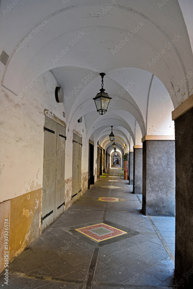 Fototapeta premium A glimpse of the historic arcades in the center of Chiavari, in the province of Genoa 