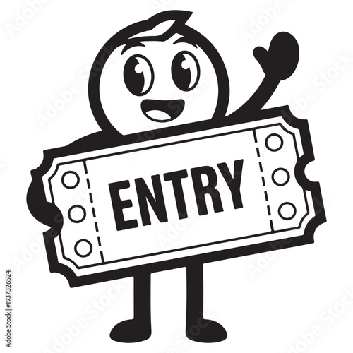Happy Cartoon Character Waving and Holding an Entry Ticket