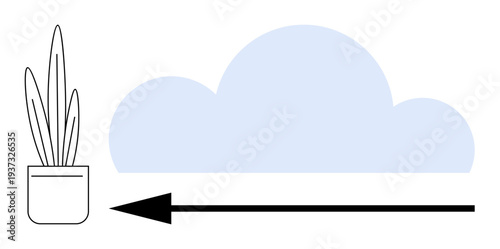Cloud connectivity. A potted plant, arrow cloud connectivity, environmental flow. Cloud connectivity highlights natural and technological connections. For sustainability tech