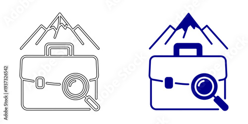 Job Search and Business Travel Icon , Outline and Solid Blue Vector Illustrations of Briefcase with Magnifying Glass and Mountain Peaks for Career Goals, Employment, and Adventure Symbols