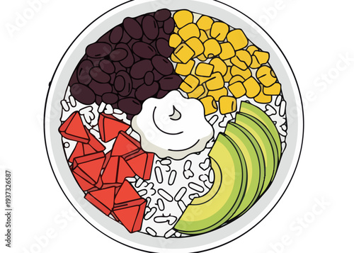 A bowl of mixed food with rice avocado and vegetables.