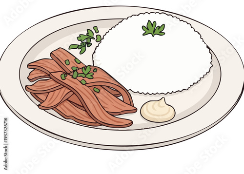 Delicious plate of food with rice and meat.