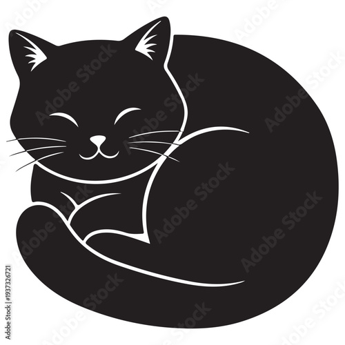 Peaceful Black Cat Curled Up Sleeping Illustration