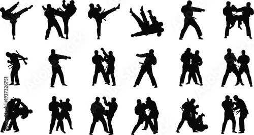 Karate Martial Arts Silhouette Set, Fighting, Kicking, Training, Throwing, Self-Defense, Combat Sports, Judo, Taekwondo, Vector Collection.