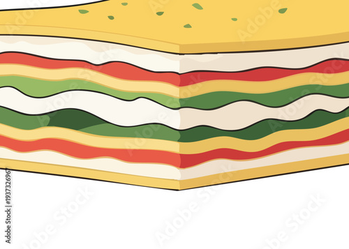 A cutaway illustration of a layered sandwich.