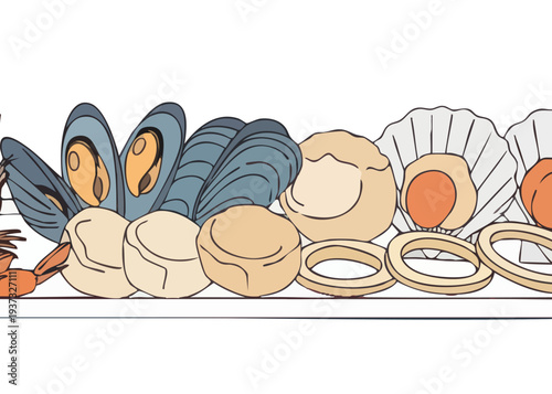 Illustration of various seafood on display.