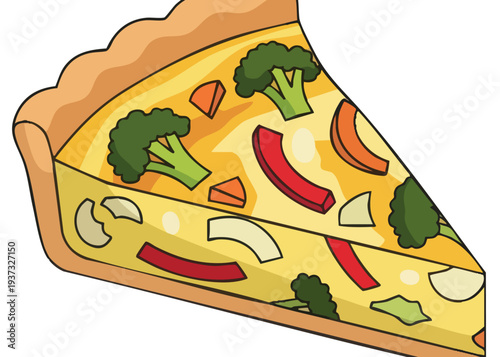 A slice of vegetable pizza with broccoli and peppers.