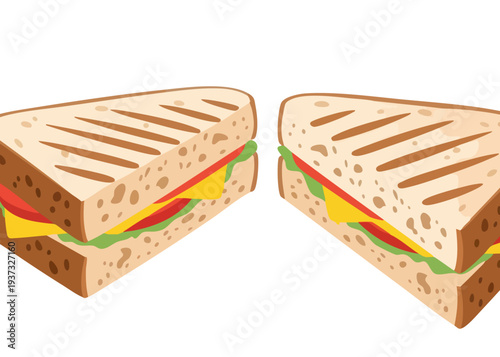 Two halves of a toasted sandwich.