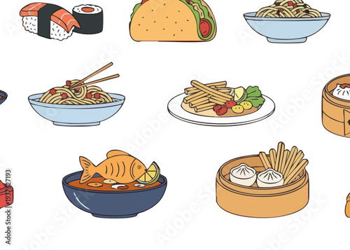 Variety of international food icons.