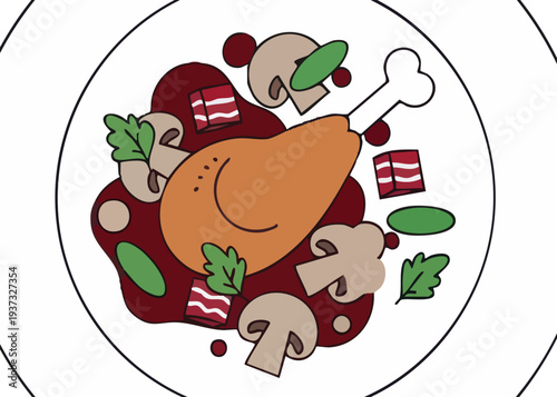 A plate of food with a turkey leg.