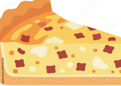 A slice of quiche with ham and cheese.