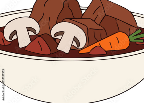 A bowl of stew with meat and vegetables.