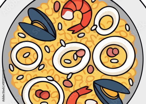 A plate of seafood paella with shrimp and mussels.