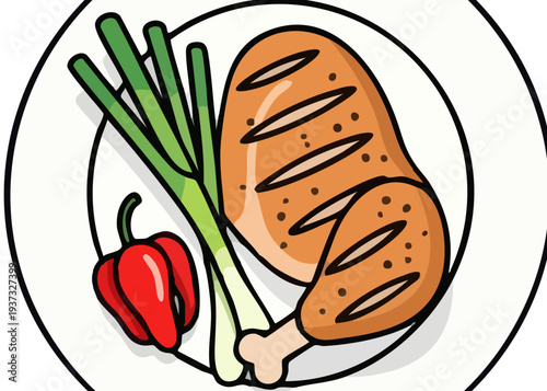 A plate of roasted chicken with vegetables.