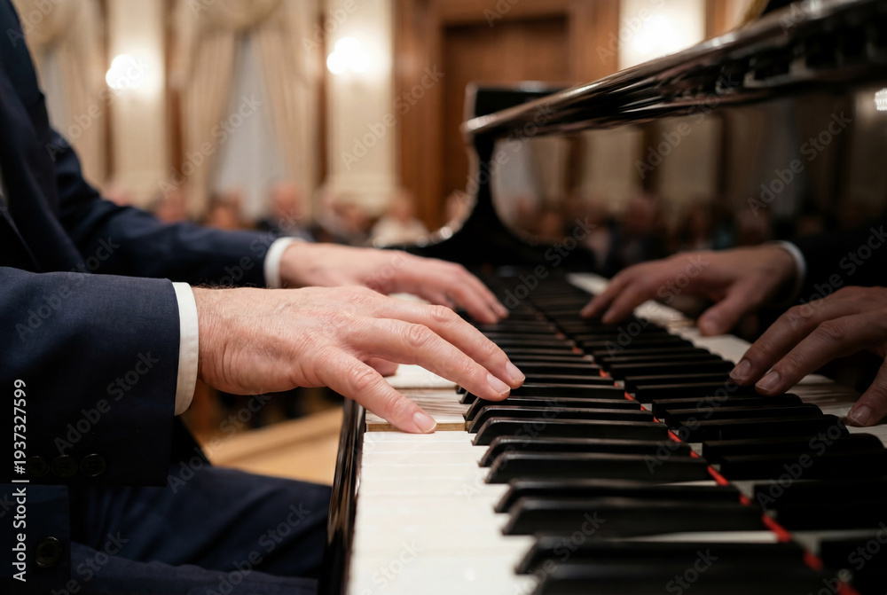 Fototapeta premium Man in a suit playing a grand piano during a classical music concert