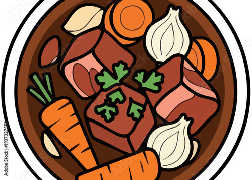 A cartoon illustration of stew with meat and vegetables.