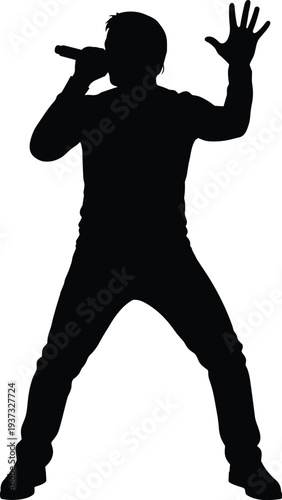 Man singing with microphone silhouette, hand raised, music concert performance vector illustration isolated on white background, pop star