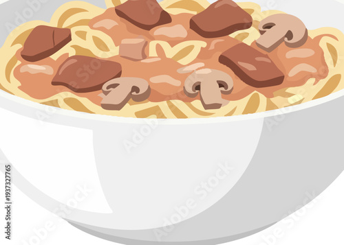 A bowl of spaghetti with meat and mushrooms.