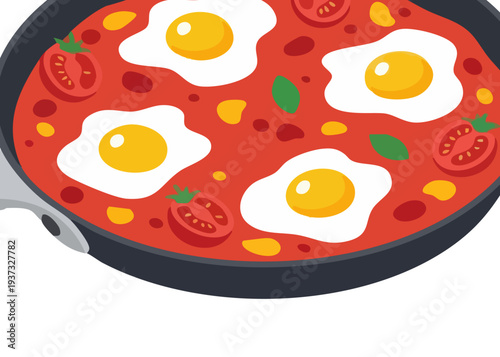 Shakshuka with eggs and tomatoes.